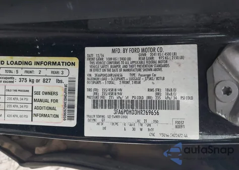 2017 Ford Fusion Se из США, поврежденный, VIN 3FA6P0HD3HR269656